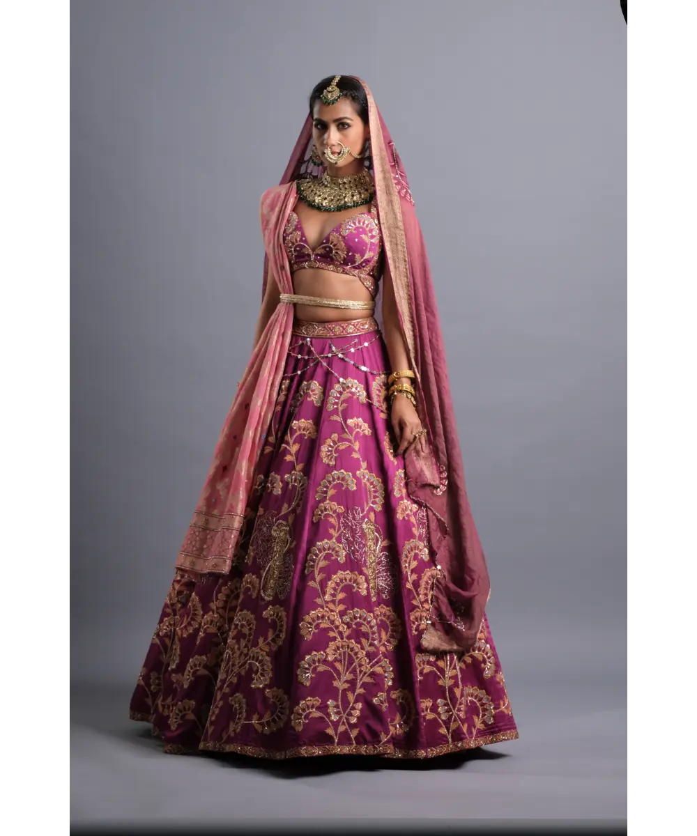 AASTHA SOOD - Dark carnation Pink Silk Lehenga - Bridal Look